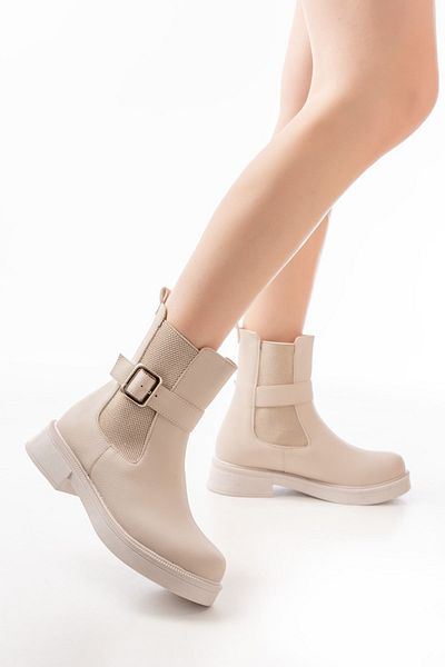 MarjinalTrendim mengü 02-2004 Cizme de damă casual elastice bej cu accesorii cu cataramă