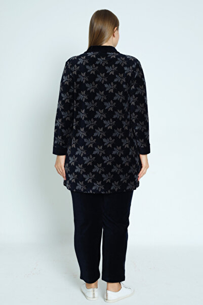 İntensive Women's Plus Size Navy Leaf Print Zipper Pocket Cotton Velvet Bottom Top Suit