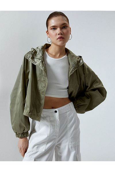 Koton Oversize Bomber Jacket with Hood Pocket and Zipper