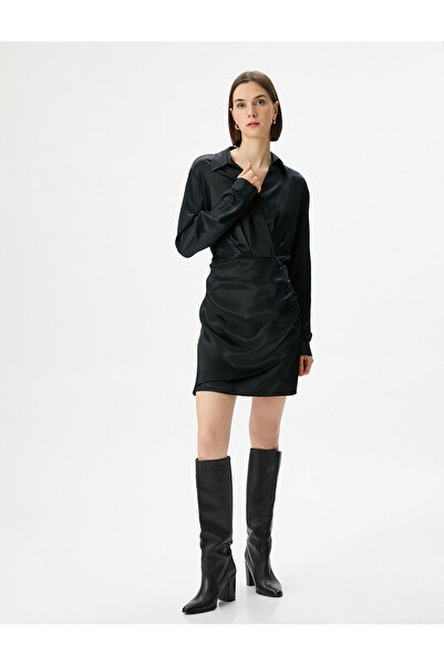 Koton Mini Saten Elbise Anvelop Gömlek Yaka Uzun Kollu