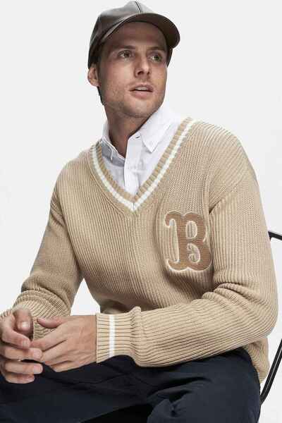 UCLA Heyoka Dark Beige Crew Neck Embroidered Loose Fit Men's Knitwear