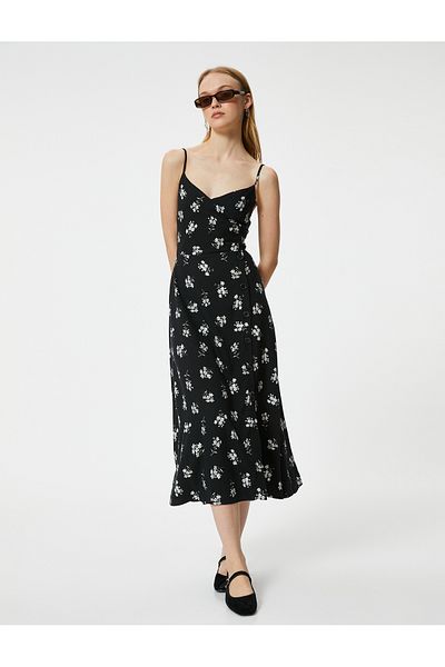 Koton Midi Floral Patterned Rope Strap V-Neck Viscose Dress - Button Detailed