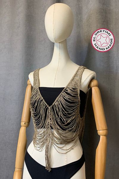 Uretti Sevgi 6598 - YEllow Combed Cotton Thread Macrame Tank Top, 48cm Handmade