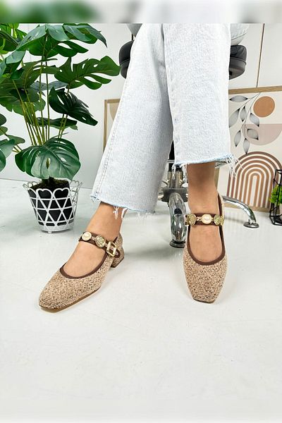 İmerShoes Balerini de zi cu zi bej Tocuri cu bretele perle Cataramă reglabilă Varf oval Pantofi ușoare și confortabili 381