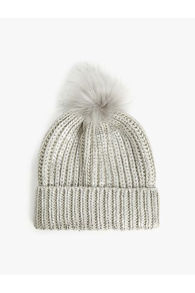 Koton Metallic Layered Pompom Detailed Knitted Beanie