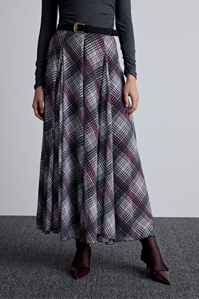 Manuka Burgundy Wide Skirt - Flounced Plaid Design