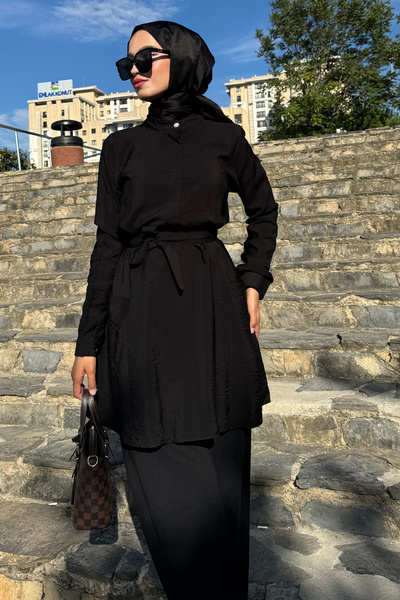 QLAY Tunica neagra pentru femei Modal - Buzunar si centura