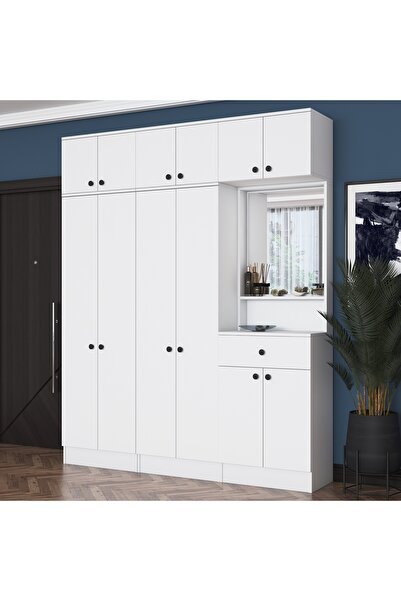Rani Mobilya Rani EA142 Portmanto Çekmeceli Aynalı Askılı Ayakkabılık Vestiyer Beyaz