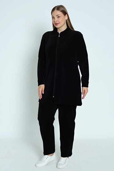 İntensive Women's Plus Size Black Zip Pocket Long-Sleeved Cotton Velvet Bottom Top Suit