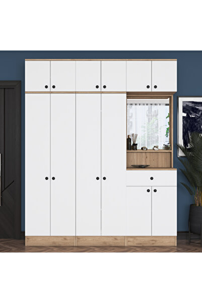 Rani Mobilya Rani EA142 Portmanto Çekmeceli Aynalı Askılı Ayakkabılık Vestiyer Sepet Ceviz - Beyaz