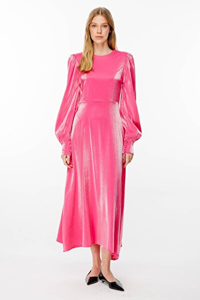 Hooopstore Shiny Textured Balloon Sleeve Fuchsia Dress