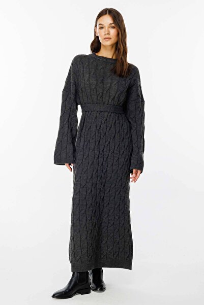 Hooopstore Saç Örgü Motifli Antrasit Triko Elbise