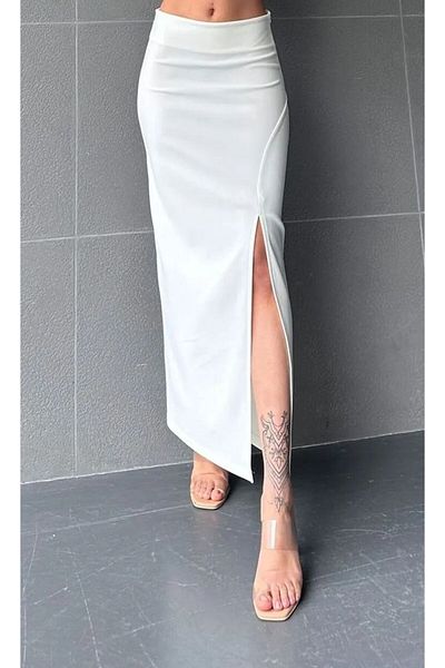 segiza Fusta lungă din Lycra Soft Touch albă - Lebădă cu fante