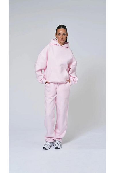 The Champ Clothing Ροζ κουκούλα Basic Waist Elastic Pipe Oversize Σετ φούτερ με τσέπη στα πόδια
