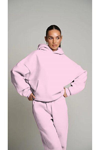 The Champ Clothing Pink Hooded Basic Elastic Waist Pipe Oversize Tracksuit Set with Pockets