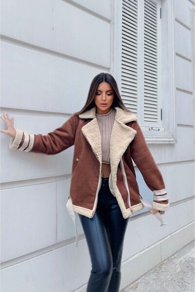 Sindimoda Yeni Sezon Süet Kaplama Biker Oversize Kaban