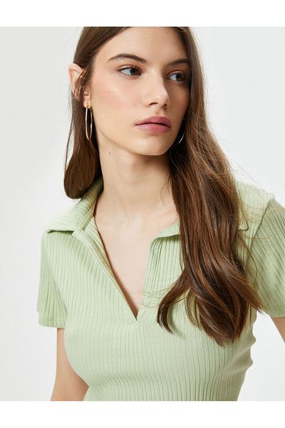 Koton Polo Neck Crop T-Shirt Short Sleeve Ribbed Cotton