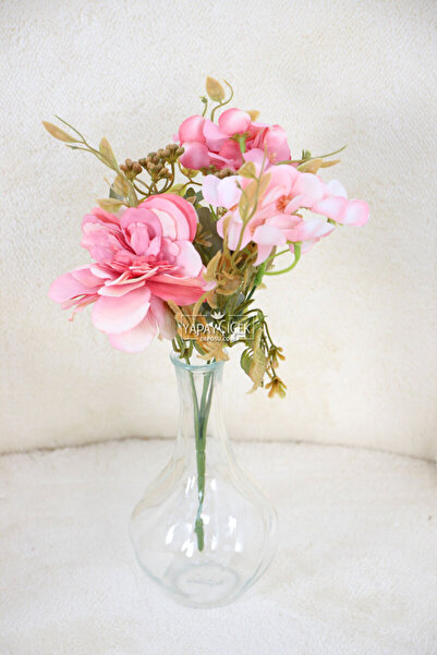 Yapay Çiçek Deposu Yapay Mini Garnitürlü Çalı Gülü-Ortanca Demeti Açı Pembe