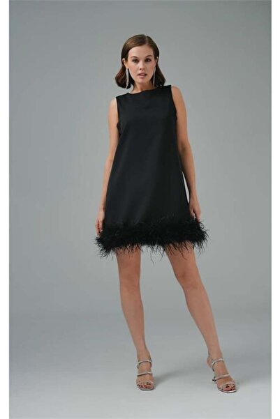 Dipmoda Dipmoda Kadın Atlas Kumaş Tüy Detaylı Mini Abiye Dpswll04