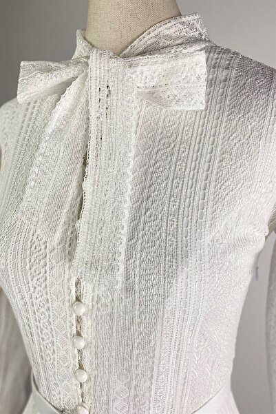 gesmoda G0015 Dantel Detay Piliseli Elbise Beyaz