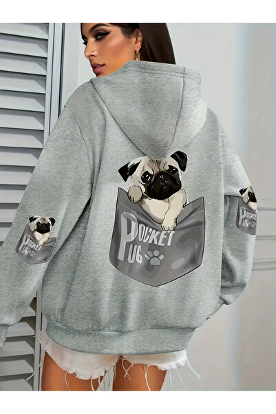 Frisson Симпатична суитшърт с качулка с дизайн на мопс, удобна суитшърт с при...