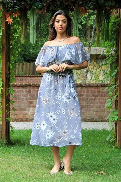 Dipmoda Γυναικείο γκρι φόρεμα σιφόν με λεπτομέρειες και λαιμόκοψη τύπου Μαντό...