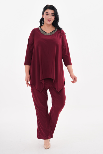 IŞILTI Plus Size Embroidered Neckline - Sendy Sand Spanish Leg Pants Set 5001