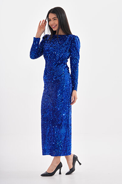 migi life Kadife Payet Bilek Boy Şık Elbise