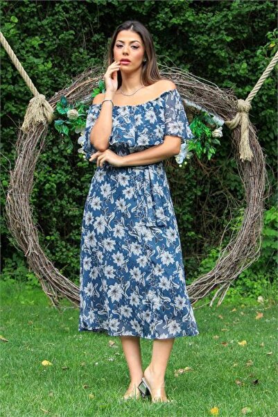 Dipmoda rochie de damă din șifon imprimeu floral cu curea indigo madonna DP10037