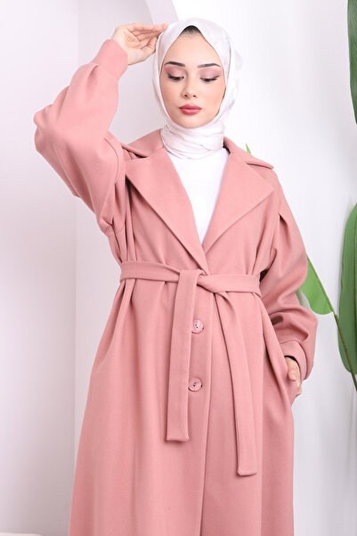 İmajButik Ροζ Παλτό με γιακά με ξηρό στήθος