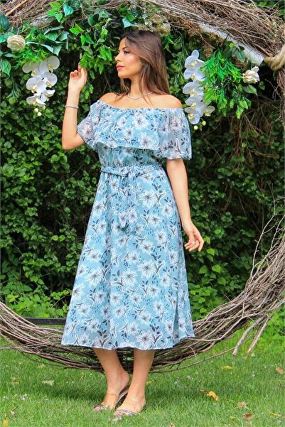 Dipmoda ženska haljina od šifona sa cvetnim ovratnikom u stilu Carmen, DP10037