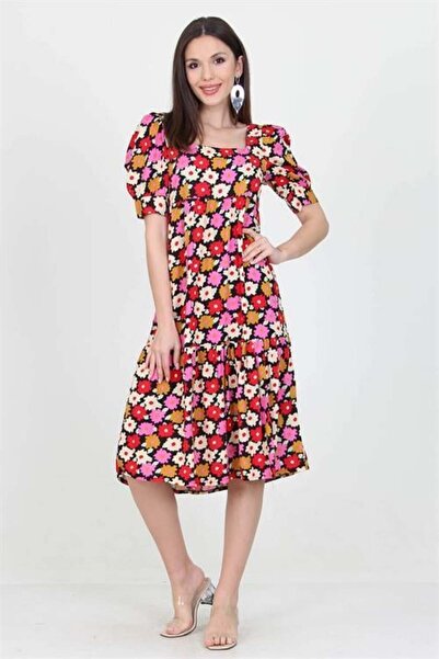 Dipmoda Γυναικεία φούστα με τετράγωνο γιακά με βολάν Με φλοράλ μοτίβο Βισκόζη...