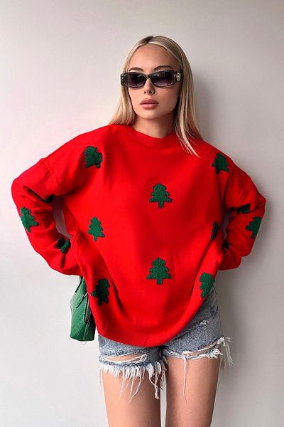 Keyifli Moda Women's Red Crew Neck Christmas Themedembossed Pine Figured Knitwear Sweater