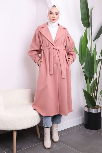 İmajButik Ροζ Παλτό με γιακά με ξηρό στήθος