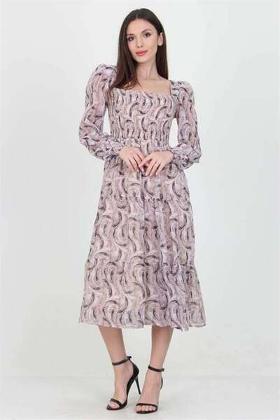 Dipmoda Γυναικείο μπεζ φόρεμα σιφόν με τετράγωνο γιακά Με σχέδιο πόντους DP10...