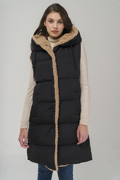 Olcay Doppelseitige Fleece-Pufferweste mit Kapuze, Schwarz-Stein 8227