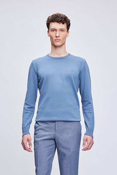 Hatemoğlu Blue Regular Fit Crew Neck 100% Cotton Knitwear Sweater