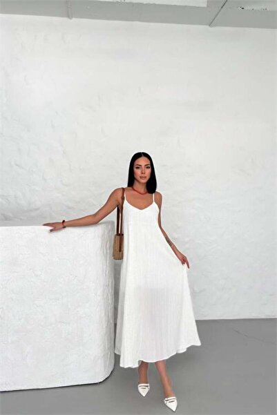 Dipmoda γυναικείο λευκό φόρεμα με τιράντες Με φόδρα και Λινό τιράντες DPG017