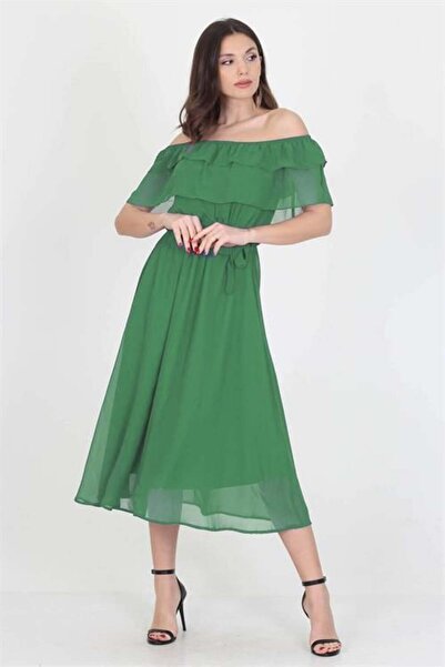 Dipmoda Rochie de damă din șifon, verde, cu detaliu de legătură, guler tip ma...