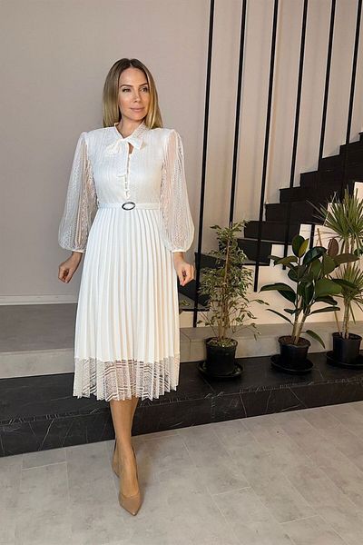 gesmoda G0015 Lace Detail Pleated Dress White