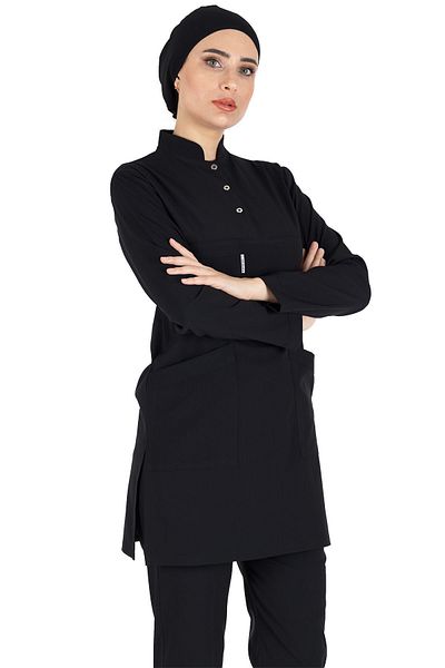 Alsancak Üniforma Tricou de asistentă Hijab din Lycra din țesătură groasă neagră și set de tricou pentru medic chirurgical