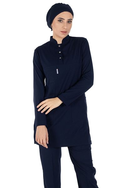 Alsancak Üniforma Tricou pentru asistentă islamică din lycra din țesătură groasă albastru bleumarin și set de tricou pentru medic chirurgical
