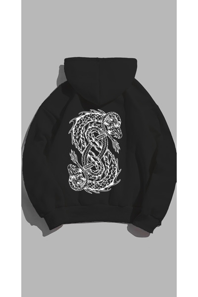 Unisex Oversize Kalıp Baskılı 3 İplik Dragons Detaylı Hoodie  Kapşonlu Sweatshirt