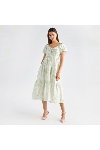 FAV Floral Print Tiered Dress with Sweetheart Neck and Short Sleeves