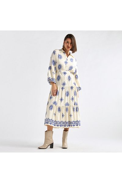 FAV Printed Midi Shirt Dress with Long Sleeves and Tie-Up Belt
