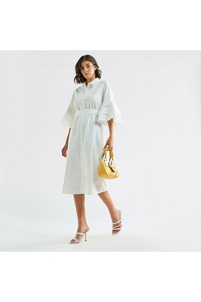 FAV Solid Shirt Dress with Ruffle Sleeves and Belt