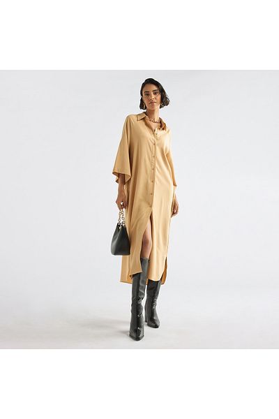 FAV Solid Button Down Shirt Dress with 3/4 Sleeves