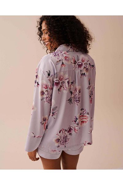 La Vie en Rose Victorian Floral Satin Button-down Shirt