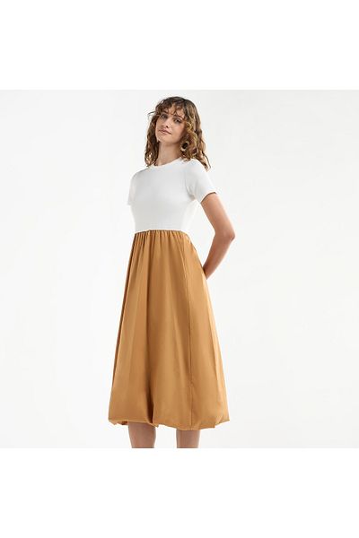 FAV Colourblock A-line Dress with Round Neck and Short Sleeves