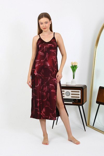 Akbeniz Women's Rope Strap Long Shiny Micro Dress Nightgown 7415 Burgundy